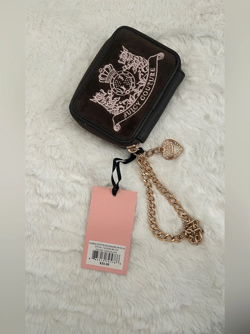 Juicy Couture Brown Velvet Mini Wallet with Gold Chain and Heart Charm